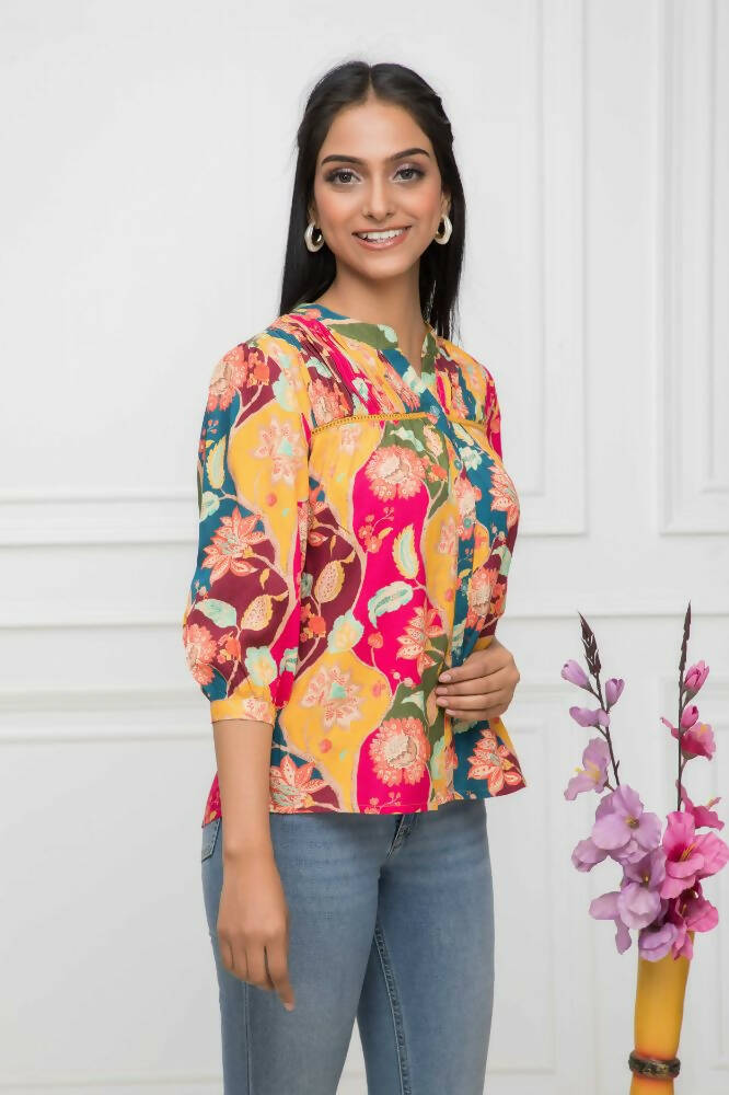 Myshka Women Multi Floral Mandarin Collar Regular Sleeves Viscose Rayon Top - Distacart