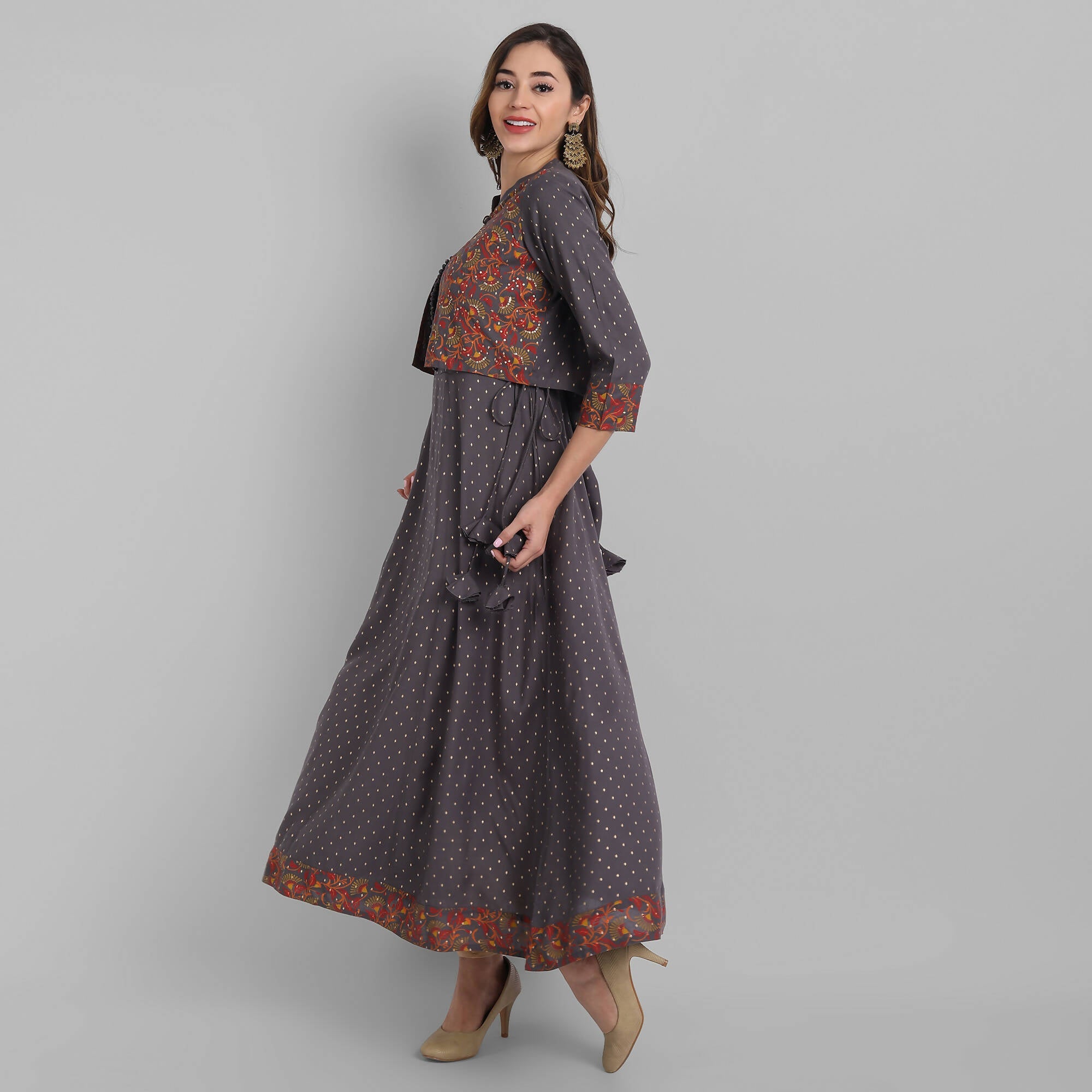 Juniper Women's Grey Rayon Printed Flared Dress - Distacart