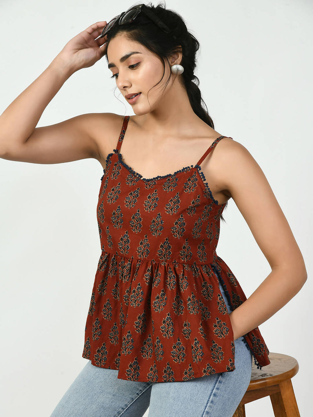 Myshka Women's Rust Ethnic Motifs Printed Top