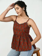 Myshka Women's Rust Ethnic Motifs Printed Top