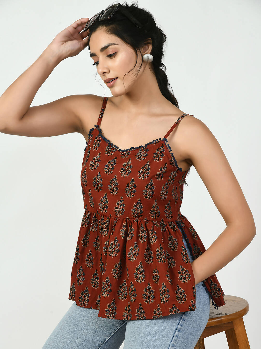 Myshka Women's Rust Ethnic Motifs Printed Top