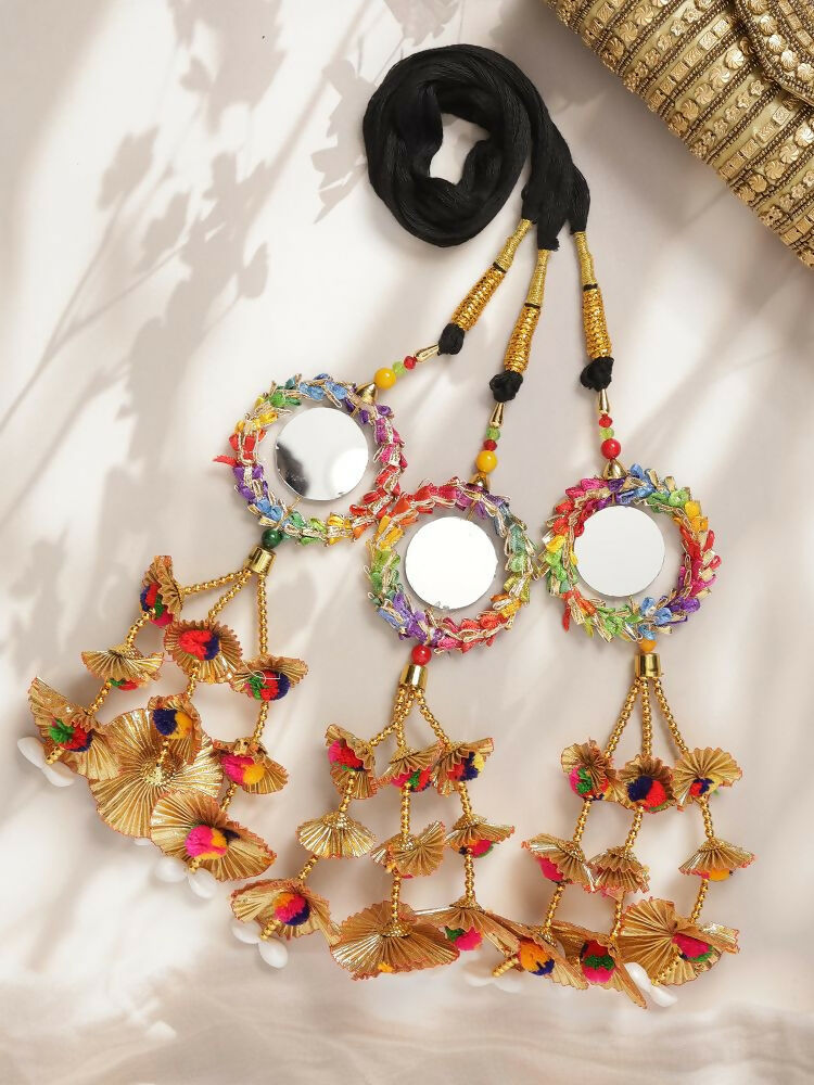 Ruby Raang Gold Gota Pati Work And Colorful Pastel Hues Threads With Shell And Black Thread And Mirror Work - Distacart