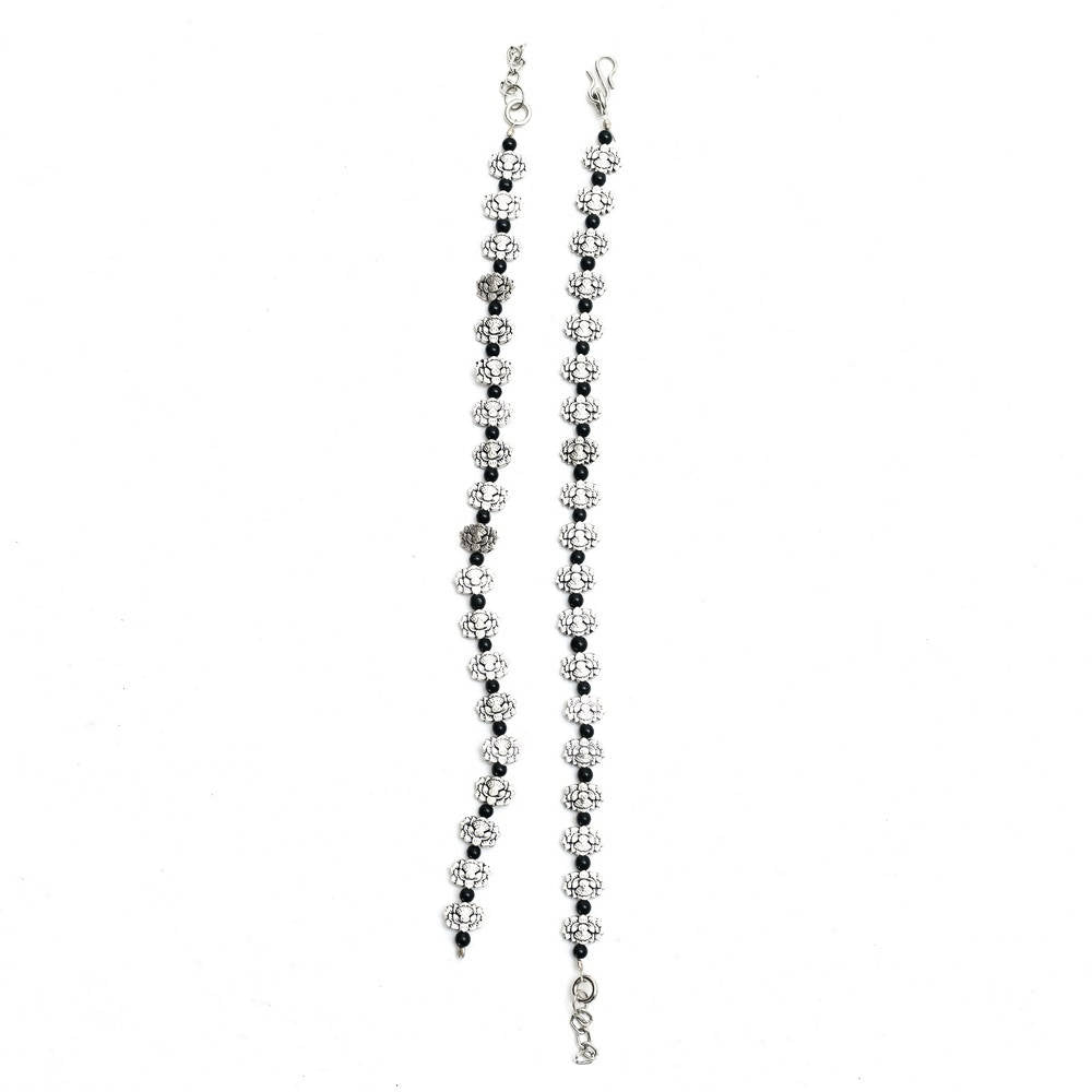 Mominos Fashion Kamal Johar Oxidised Silver Black Beads Anklets