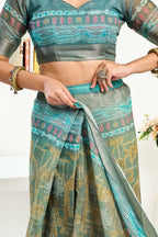 Joban Fashion Petrol Ethinic Motifs Linen Ready To Wear Saree With Unstitched Blouse - Distacart