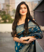 DEIANA'S Beautiful Designer Golden zari Soft Lichi Silk Saree - Navy Blue