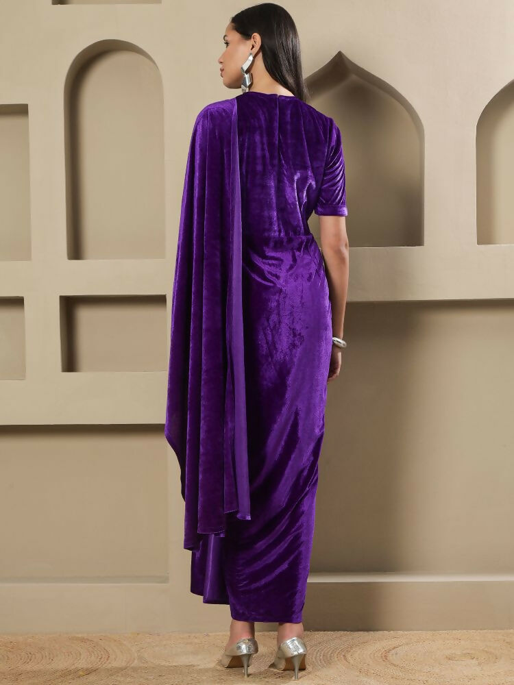Joban Fashion Women Purple Velvet Hand Embellishment Stitched Dress - Distacart