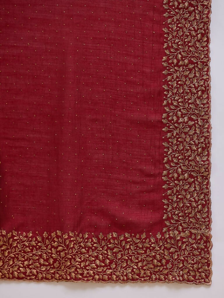 Maroon Silk Blend Embroidered Saree with Unstitched Blouse - Vairagi