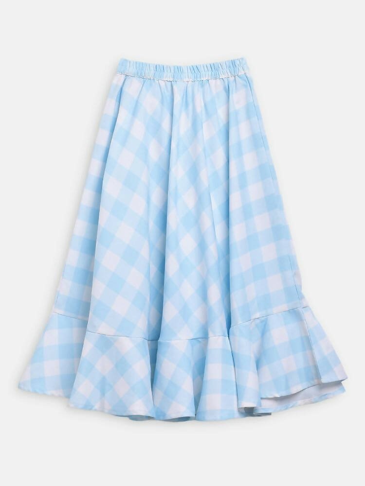 Ahalyaa Sky Blue Rayon Checked Kids Top With Skirts For Girls