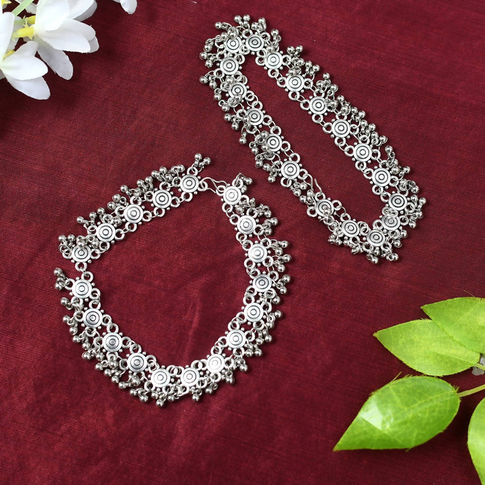 Mominos Fashion Kamal Johar Oxidised Silver Anklets For Bridal Wear