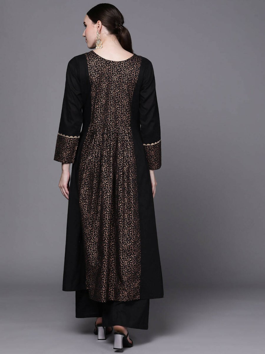 Ahalyaa Women Black Floral Printed Pure Cotton Kurta with Palazzos - Distacart
