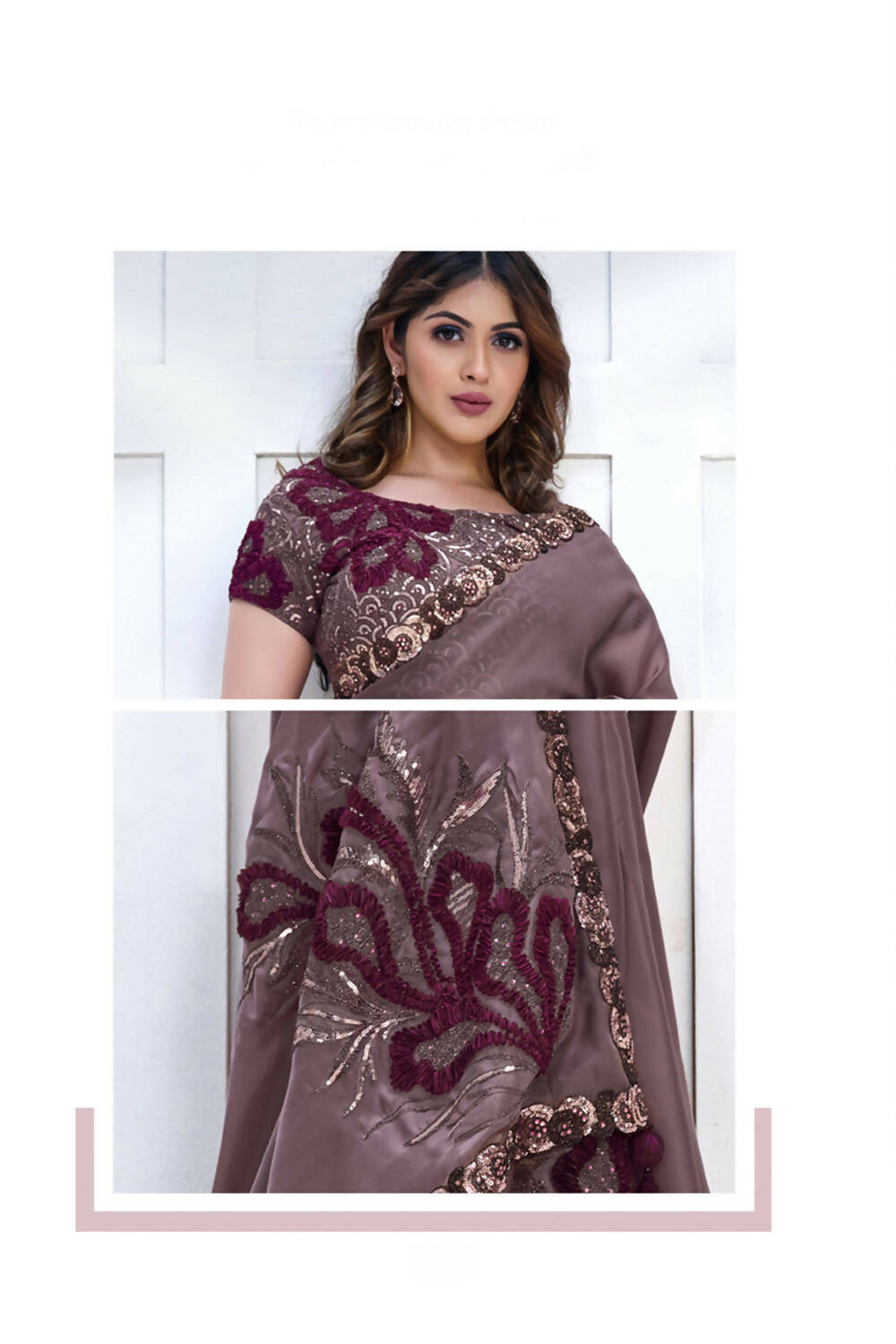 Purple Crepe satin silk Applique work with Cord, Sequence Embroidered & Stone Work Saree - Mohmanthan Majestica