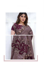 Purple Crepe satin silk Applique work with Cord, Sequence Embroidered & Stone Work Saree - Mohmanthan Majestica