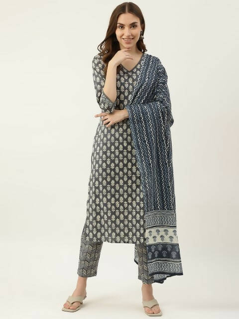 FIORRA Women's Grey Cotton Straight Kurta Pant With Dupatta