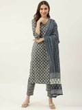 FIORRA Women's Grey Cotton Straight Kurta Pant With Dupatta
