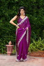 Vastranavya Purple Embroidery Work Shimmer Chiffon Saree with Unstitched Blouse - Distacart
