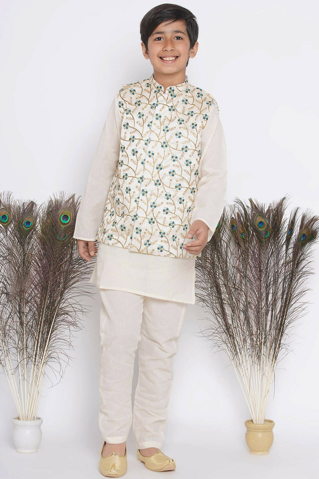 Little Bansi Banarsi Silk Blue Floral Embroidery Jacket with Cotton Kantha kurta and Kantha Pyjama - Cream