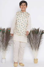 Little Bansi Banarsi Silk Blue Floral Embroidery Jacket with Cotton Kantha kurta and Kantha Pyjama - Cream