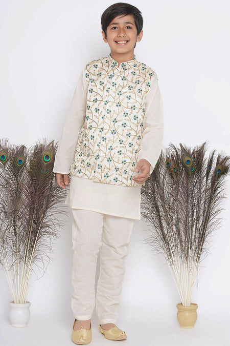Little Bansi Banarsi Silk Blue Floral Embroidery Jacket with Cotton Kantha kurta and Kantha Pyjama - Cream
