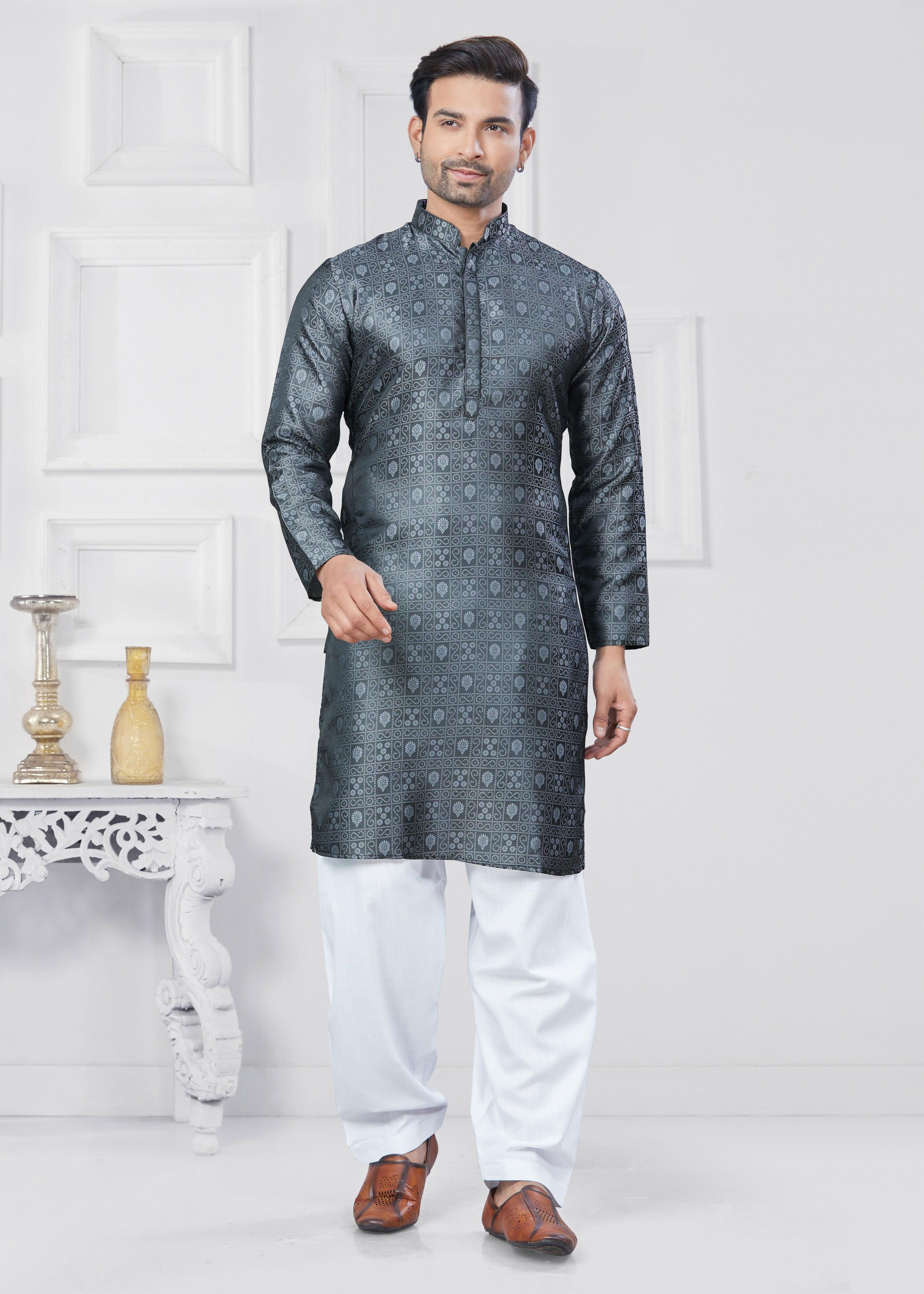 Joban Fashion Men's Jacquard Silk Grey Printed Kurta Pyjama set