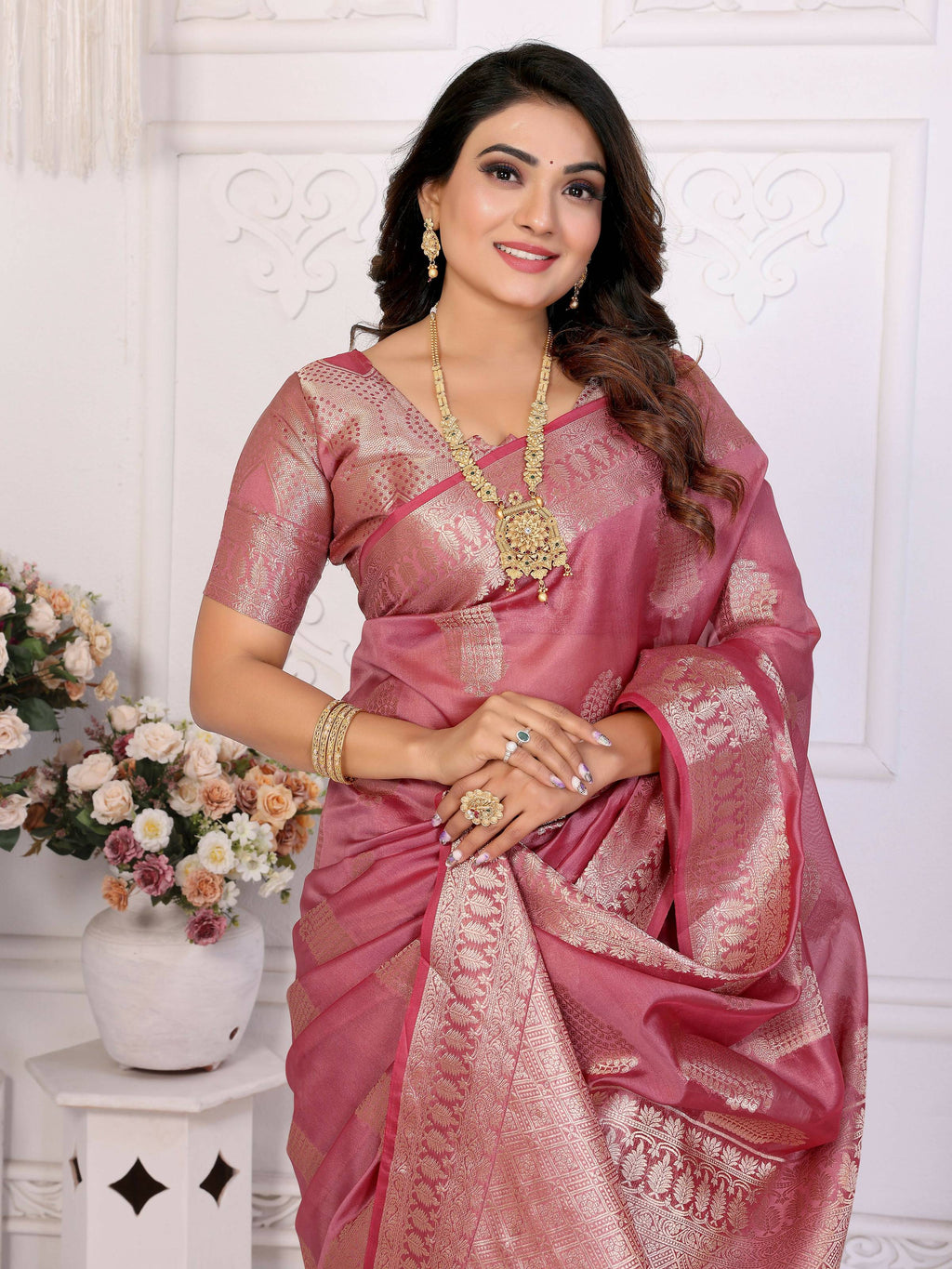 Aastha Fashion Dusty Rose Soft Organza Silk Weaving Saree - Distacart