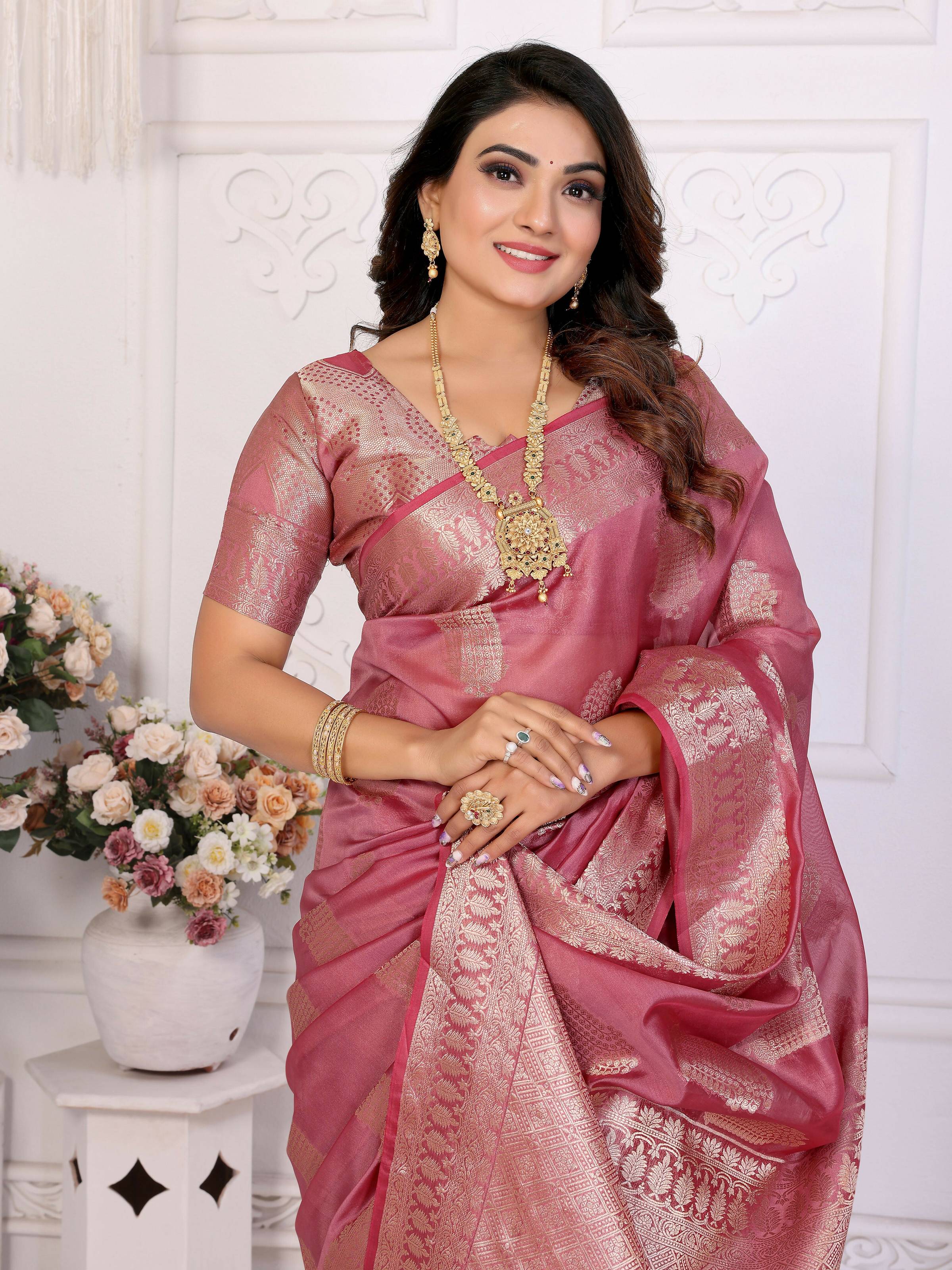 Aastha Fashion Dusty Rose Soft Organza Silk Weaving Saree - Distacart