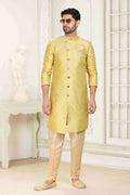 Raivat Ethnic Banarasi Jacquard Embroidery Semi Indo Western Sherwani In Cream Gold Colour