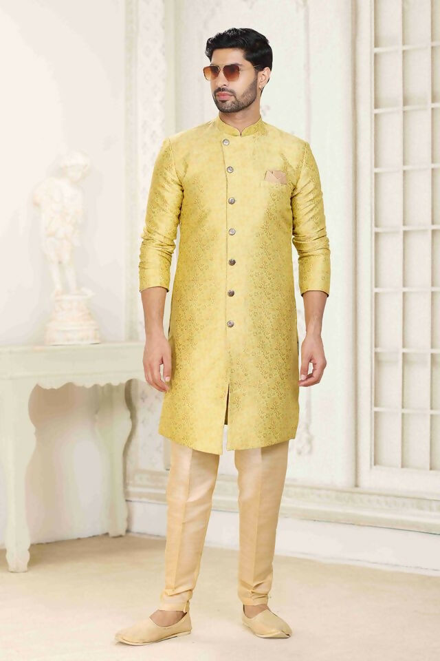 Raivat Ethnic Banarasi Jacquard Embroidery Semi Indo Western Sherwani In Cream Gold Colour