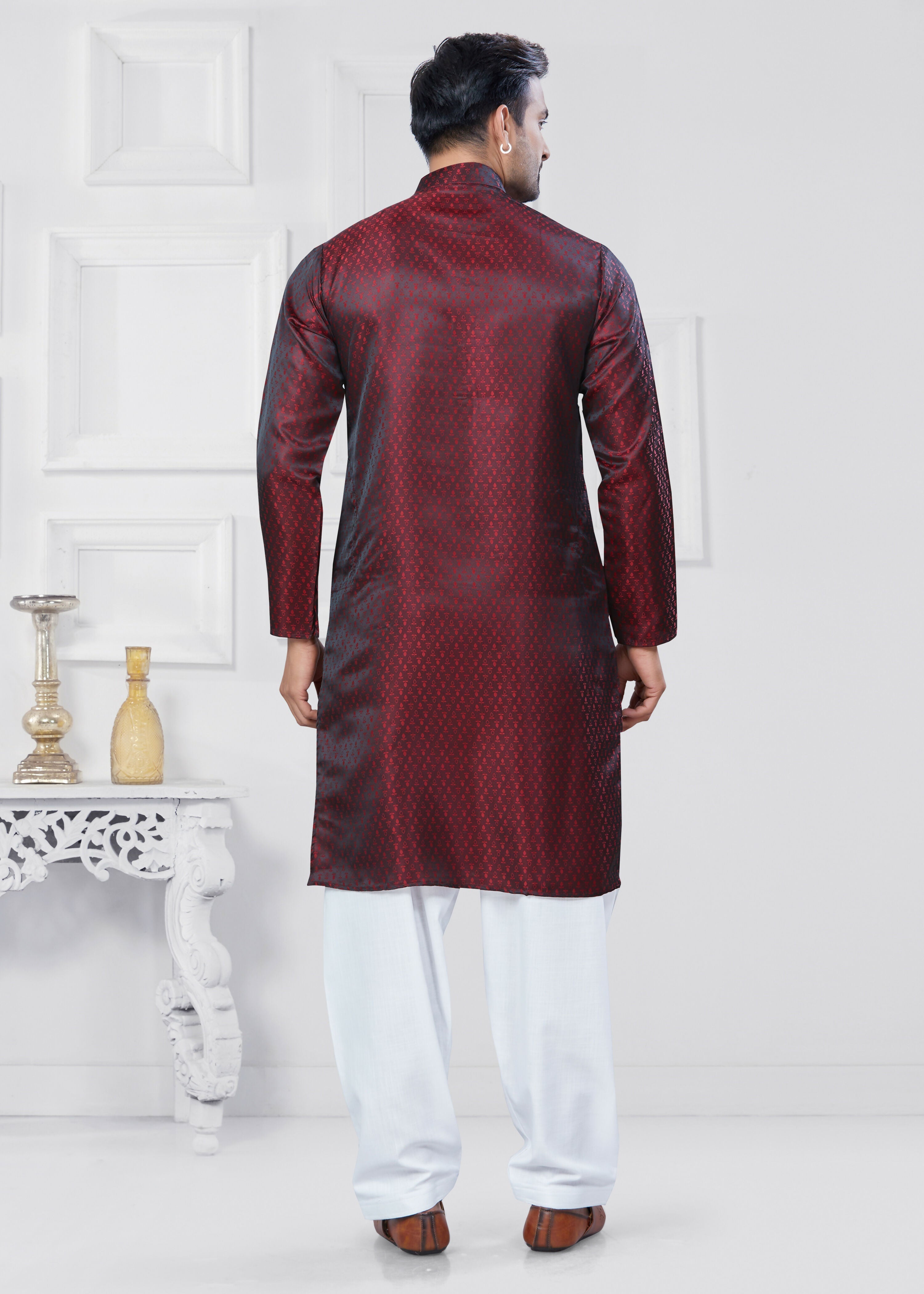 Joban Fashion Men's Jacquard Silk Marron Printed Kurta Pyjama set