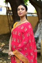 Joban Fashion Bright Pink Crepe Chiffon Pure Handloom Banarasi Silk Saree