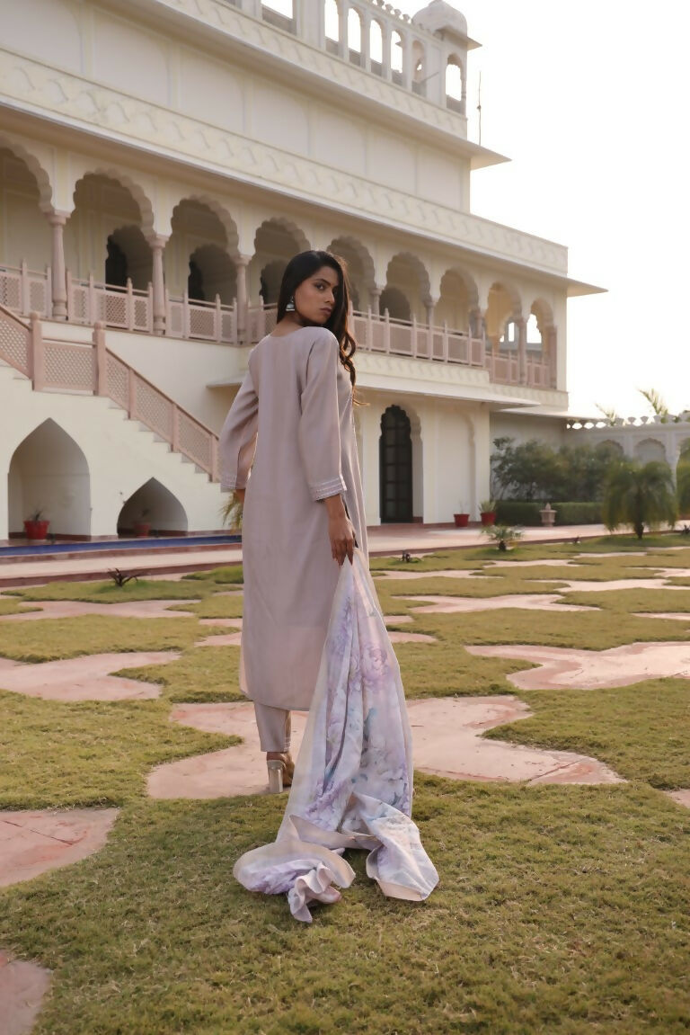 Jyoti Fashion Women's Beige Cotton Silk Hand Work with Floral Printed Kurta Set