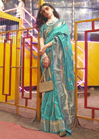 Beautiful Aqua Blue Handloom Weaving Silk Saree - Emponline