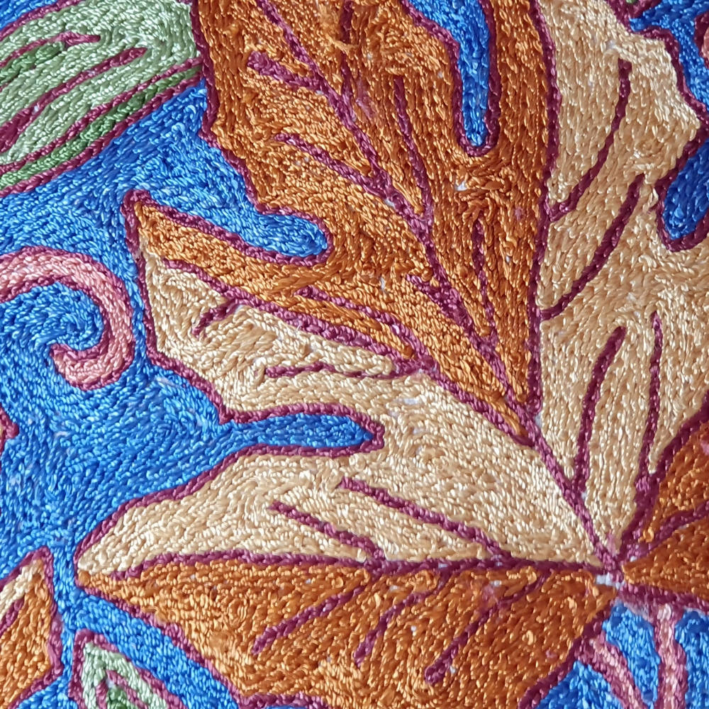 The Decor Nook Hand Embroidered Crewel Cushion Covers in Mustard & Off White Chinar Leaf Motif with Navy Blue Base