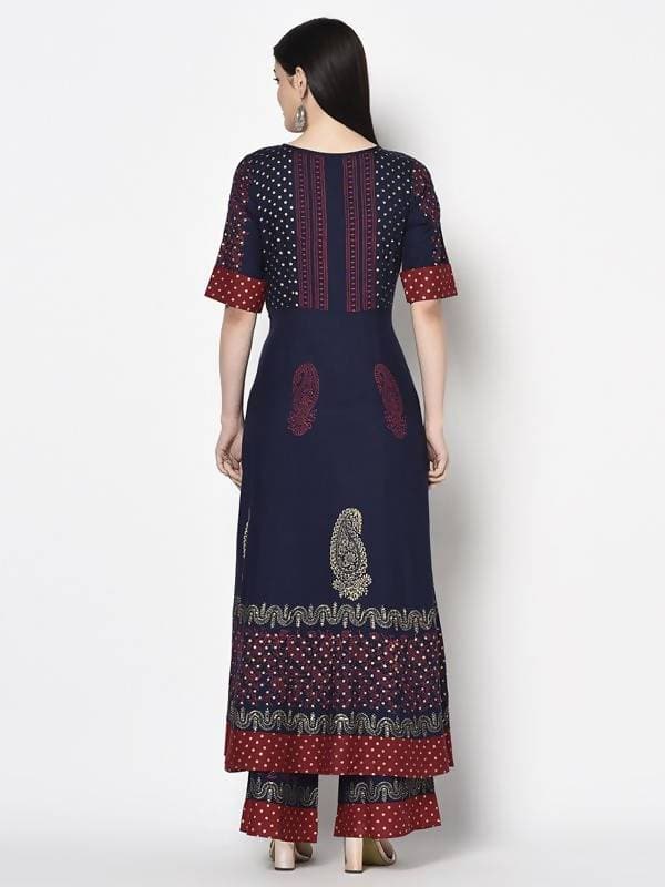 Aniyah Rayon Navy Blue Color Block Print Anarkali Palazzo Set (AN-176K)