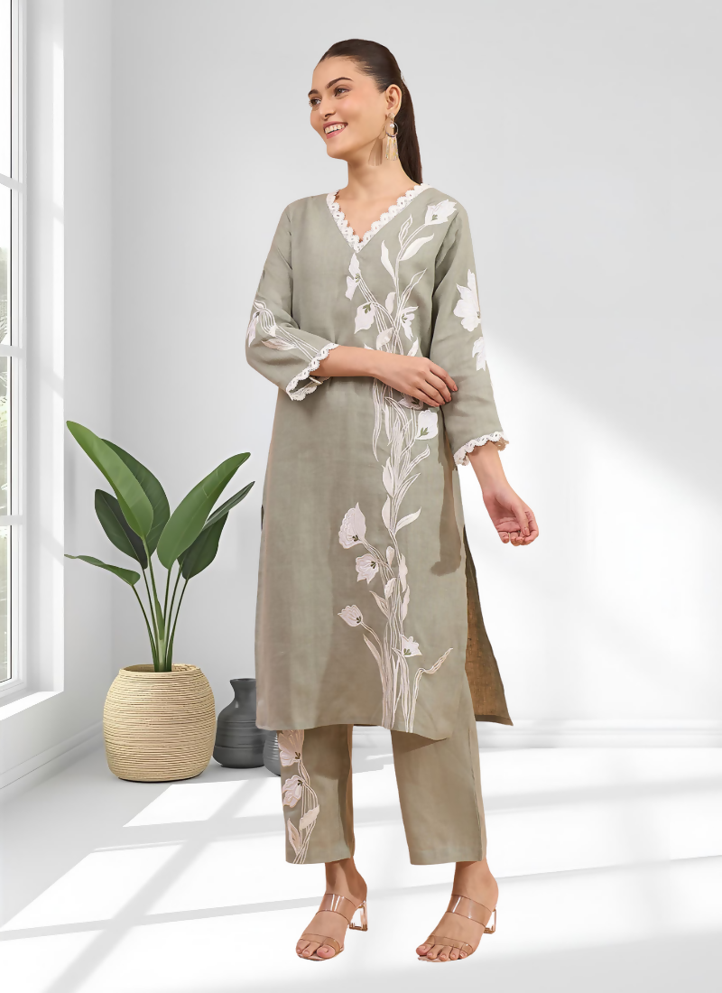 Joban Fashion Gray Linen Embroidered Readymade Long Kurta With Pant - Distacart