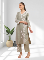 Joban Fashion Gray Linen Embroidered Readymade Long Kurta With Pant - Distacart
