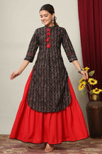 Miravan Women's Black Printed Pure Cotton Kurta With Skirt