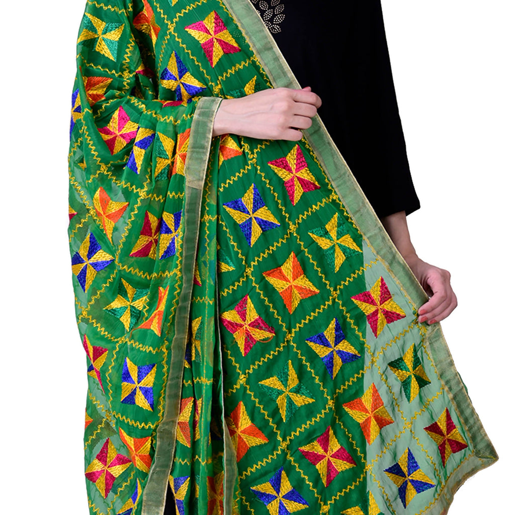 SWI Stylish Embroidered Phulkari Chiffon Green Dupatta