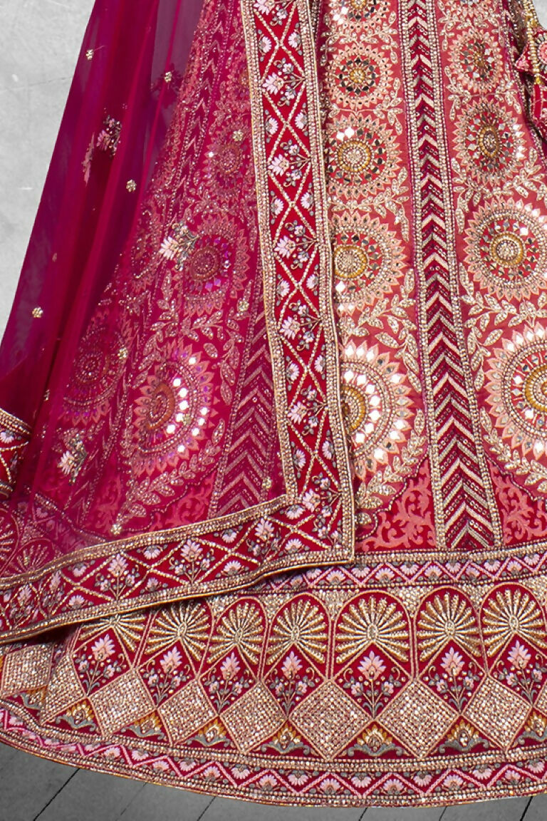 Red Velvet Pure Mirror Work Semi Stitched Lehenga Choli with Dupatta - Nimaya Lagnotsav