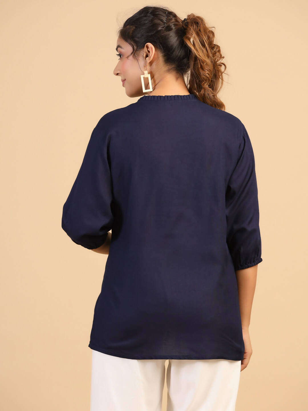 Womens Dark Blue Rayon Solid Top - Keeva