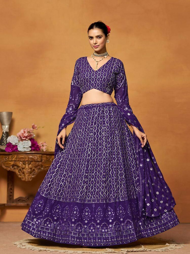 Purple Thread Sequence Embroidered Georgette Lehenga Choli - Jihu Culture