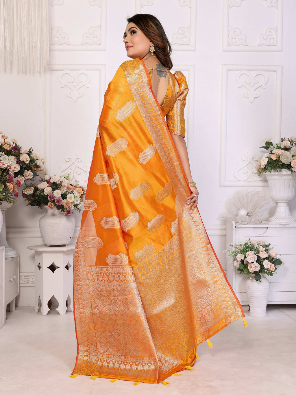 Aastha Fashion Yellow Soft Organza Silk Weaving Saree - Distacart