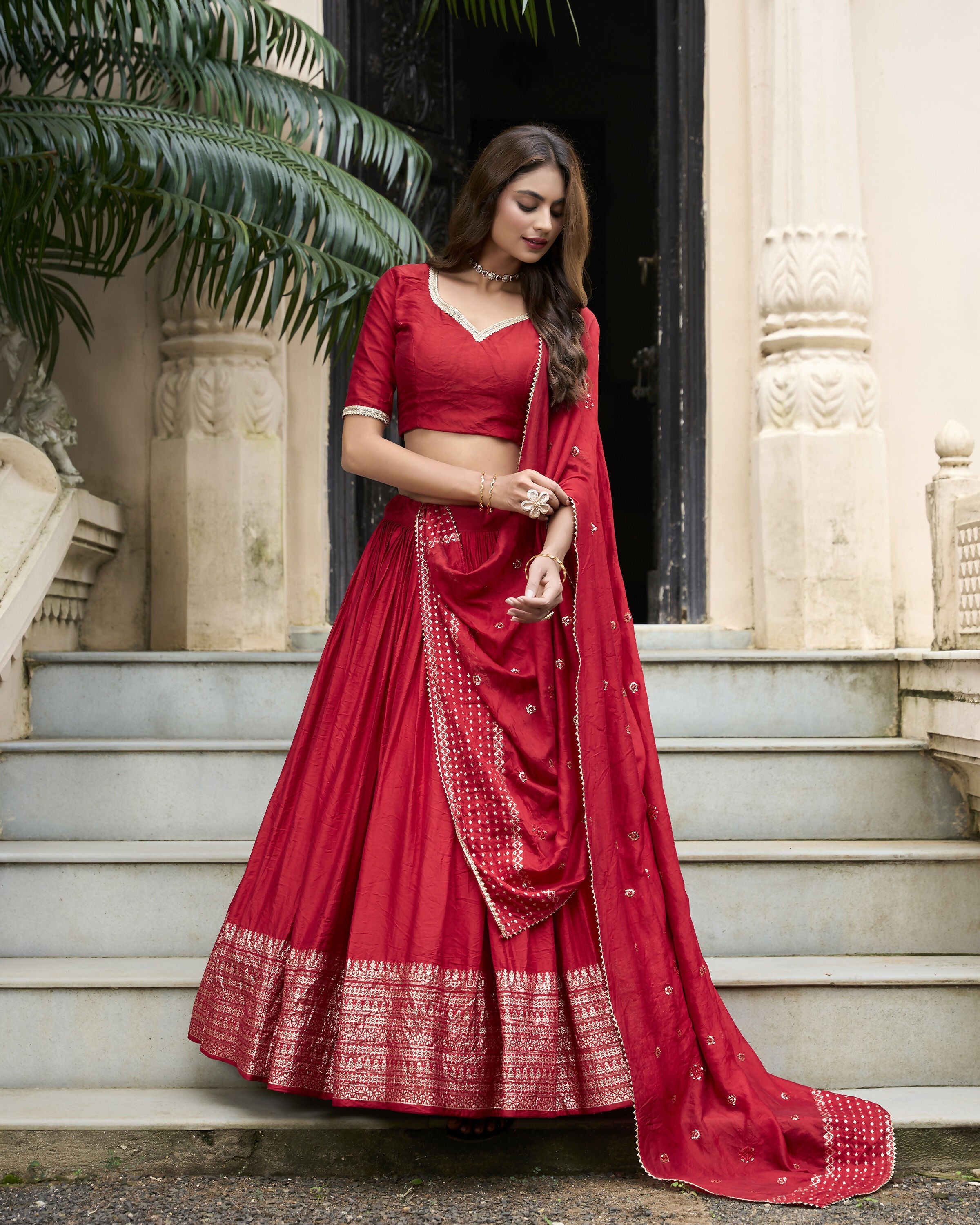 Lorenvalley Red Pure Chanderi Plain With Zari Weaving Work Border Lehenga Choli