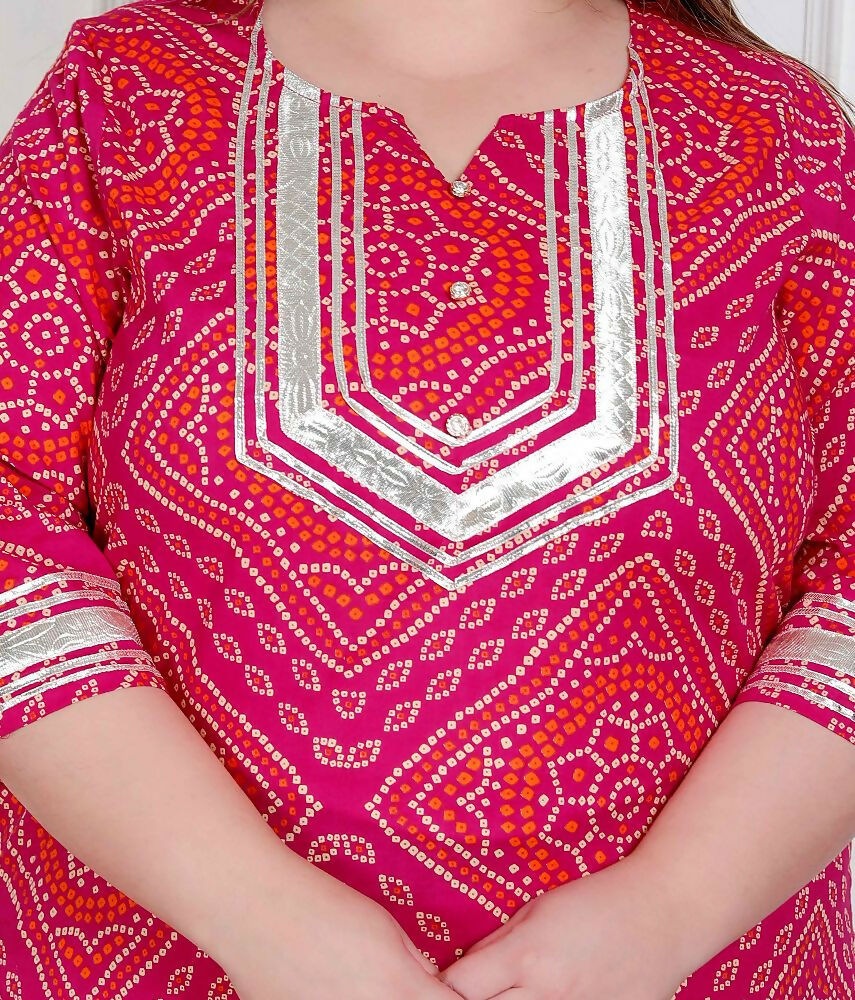Miravan Plus Size Women'S Pink Bandhani Printed Straight Kurta With Palazzo & Dupatta - Distacart