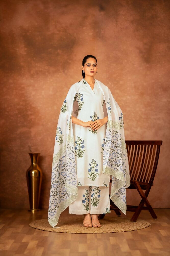 Joban Fashion Off White Blue Hand Block Printed Cotton Suit Set - Distacart