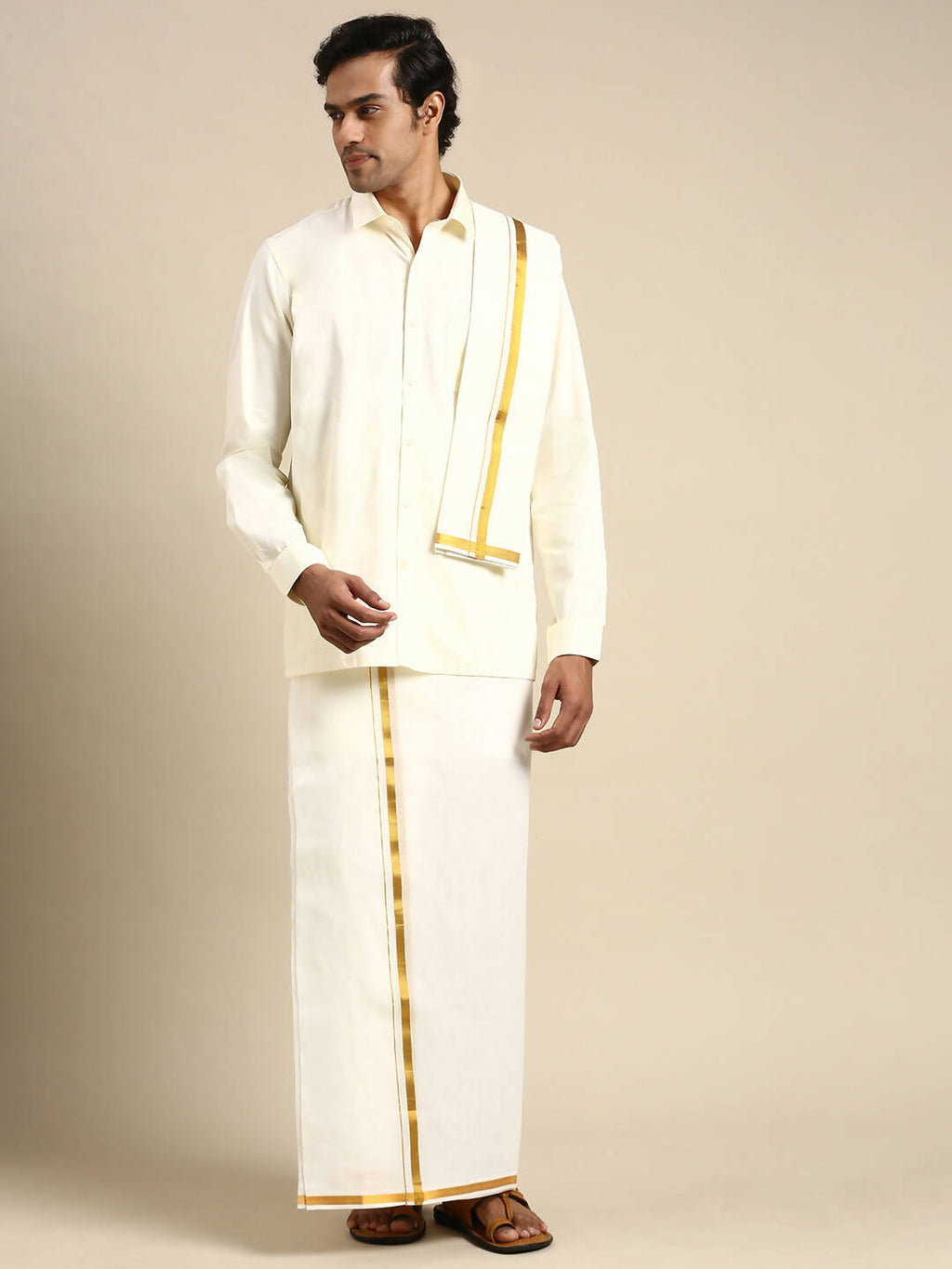 Ramraj Cotton Mens Premium Wedding Cream Dhoti with shirt Bit & Towel Set
