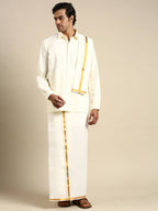 Ramraj Cotton Mens Premium Wedding Cream Dhoti with shirt Bit & Towel Set