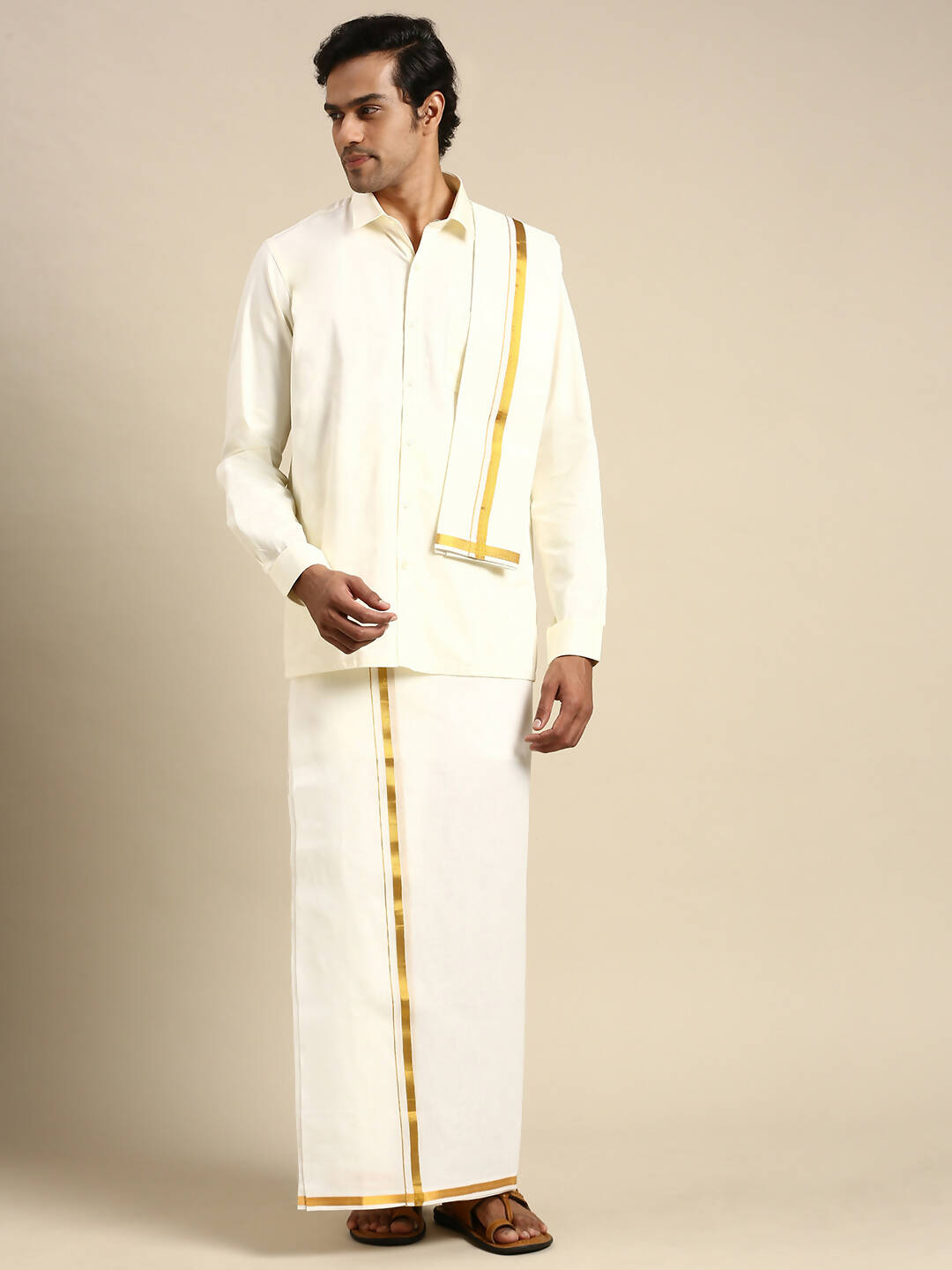 Ramraj Cotton Mens Premium Wedding Cream Dhoti with shirt Bit & Towel Set