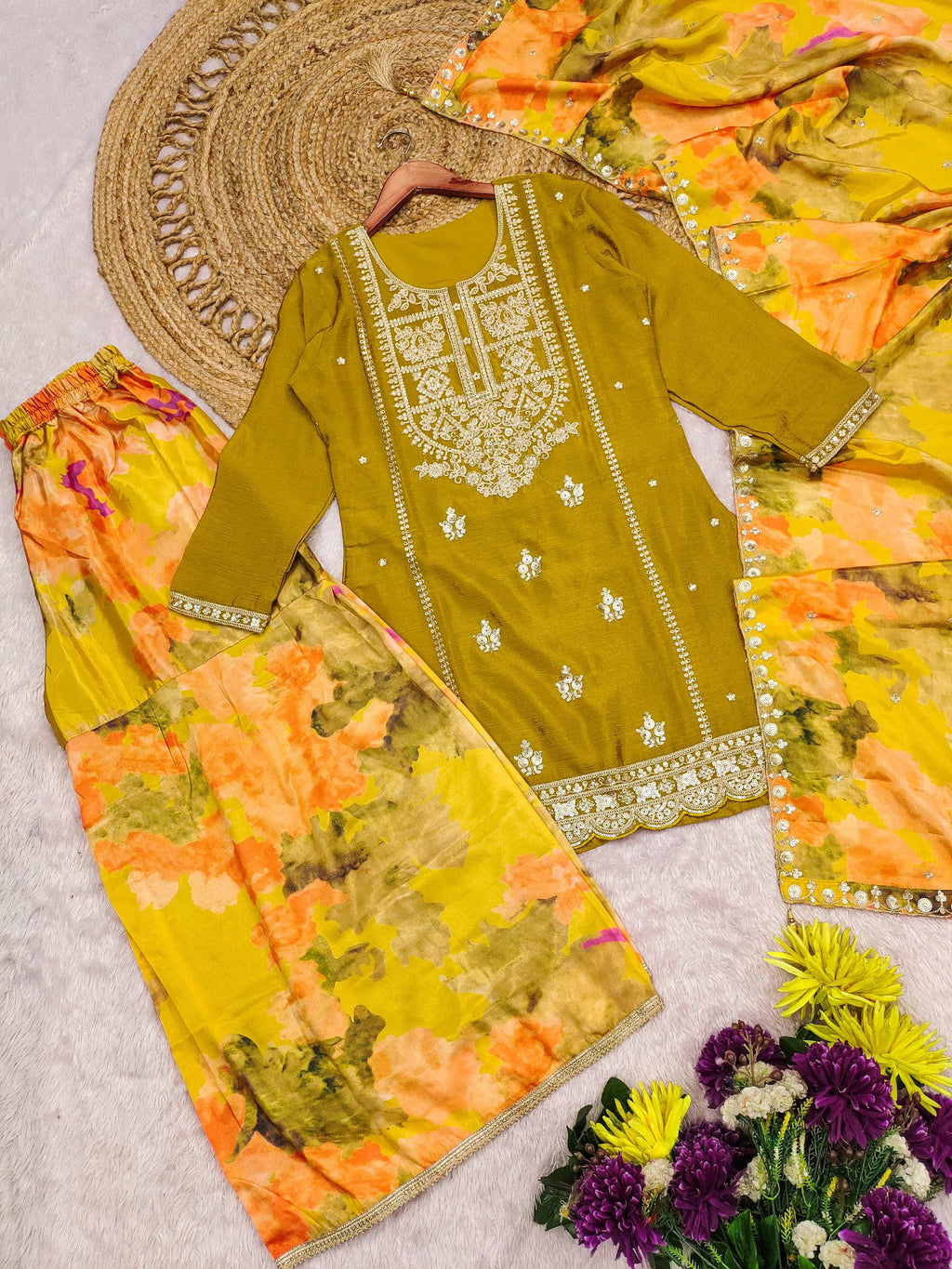Evanik Women Yellow Chinon Silk Zari Embroidered Sequins Sharara Suit - Distacart