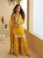 Evanik Women Yellow Chinon Silk Zari Embroidered Sequins Sharara Suit - Distacart