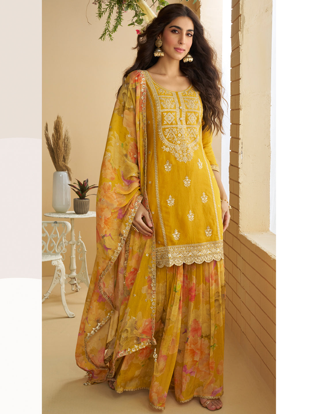 Evanik Women Yellow Chinon Silk Zari Embroidered Sequins Sharara Suit - Distacart